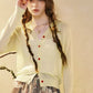 Women's V Neck Crop Knit Cardigan with Cartoon Embroidery, Casual Long Sleeve Knit Top, Sweet Preppy Style Outerwear