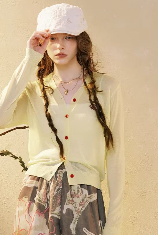 Women's V Neck Crop Knit Cardigan with Cartoon Embroidery, Casual Long Sleeve Knit Top, Sweet Preppy Style Outerwear