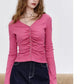Women's V Neck Long Sleeve Tee with Ruched Front, Black Button Crop Top, Slim Casual Fall Top