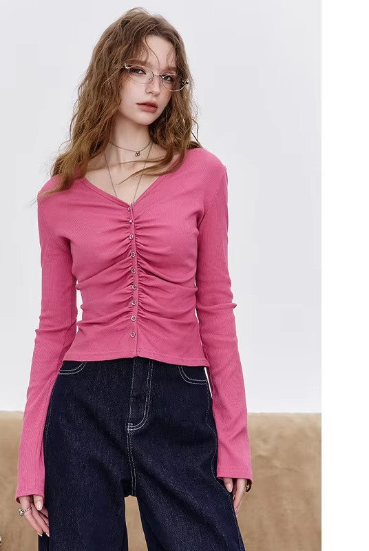 Women's V Neck Long Sleeve Tee with Ruched Front, Black Button Crop Top, Slim Casual Fall Top