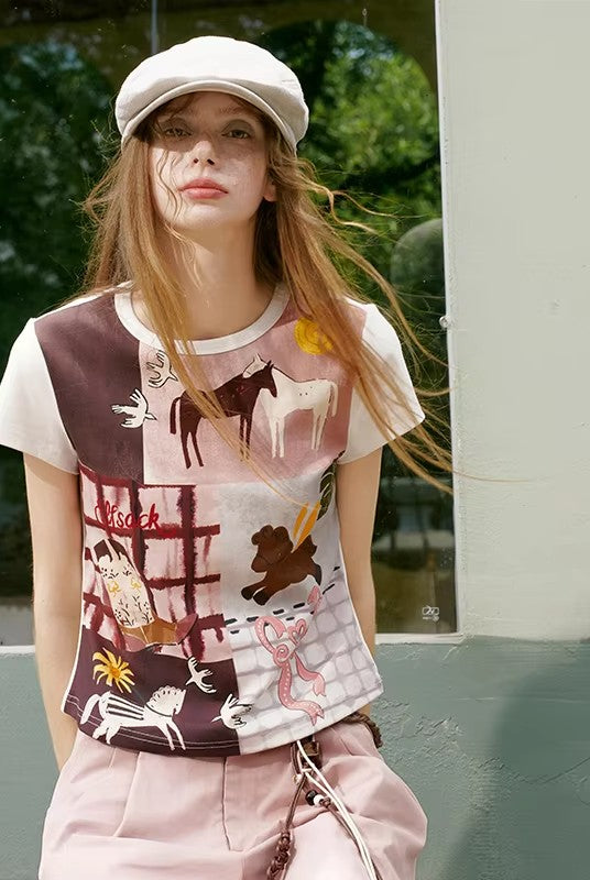 Women's Western Patchwork Graphic T-Shirt with Horse & Cowboy Boot Print, Short Sleeve Regular Fit Tee for Summer