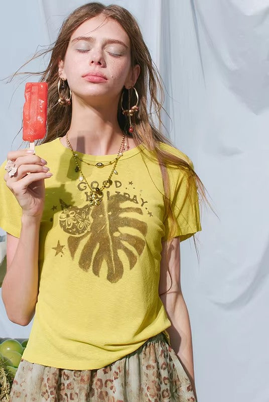Women's Y2K Cropped T‑Shirt with Monstera Leaf Graphic Print, Slim Short Sleeve Tee for Summer, Casual Streetwear Top