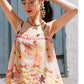 Y2K Graphic Print Chiffon Cami Top with Knit Liner, Tie Strap Sheer Layered Blouse, Irregular Hem Flowy Summer Top