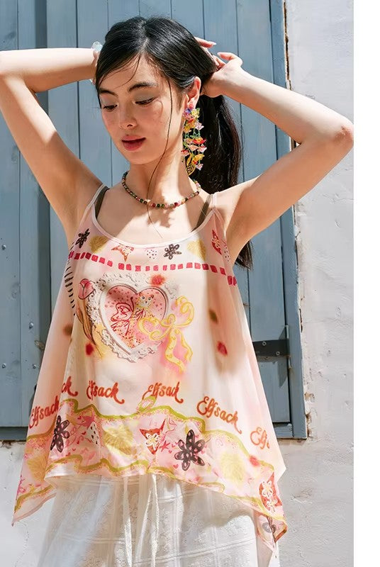Y2K Graphic Print Chiffon Cami Top with Knit Liner, Tie Strap Sheer Layered Blouse, Irregular Hem Flowy Summer Top