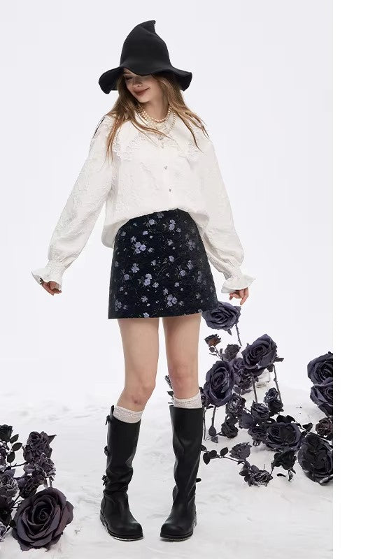 Y2K High Waist Gothic Floral A-Line Skirt Women, Black Skirt with Purple Print, Romantic Shoujo Cute Short Skirt