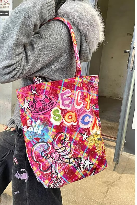 Y2K Plaid Cherry Hand Drawn Graffiti Large Capacity Tote Bag For Women