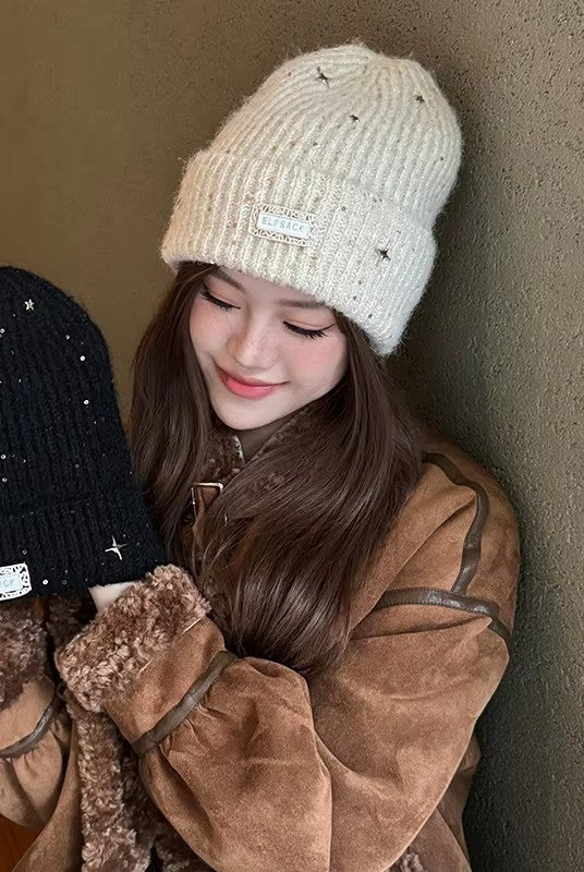 Y2K Sweet Star Sequin Warm Solid Knit Beanie For Women